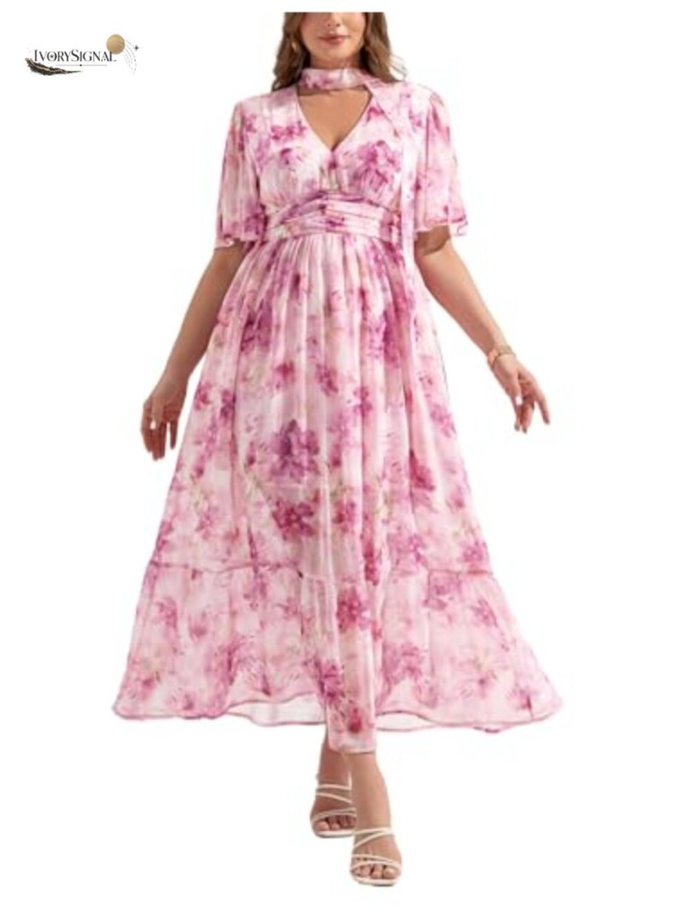 Chiffon Floral Maxi Dress Plus Size Smocked V Neck Wedding Guest